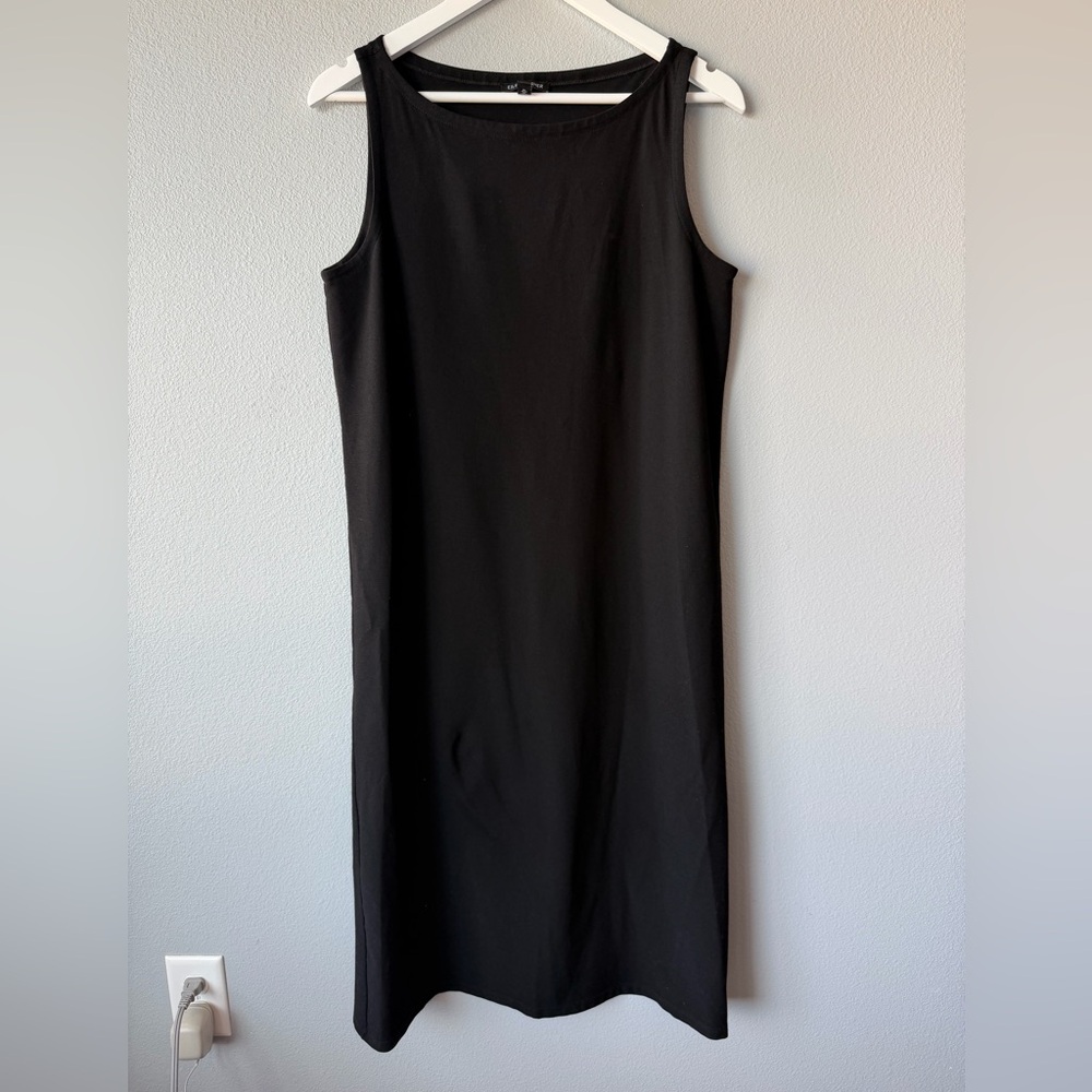 Eileen Fisher black boatneck viscose blend sleeveless tank top midi dress sz S